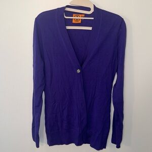 Tory Burch Logo Button Deep Purple Merino Wool Cardigan Size S